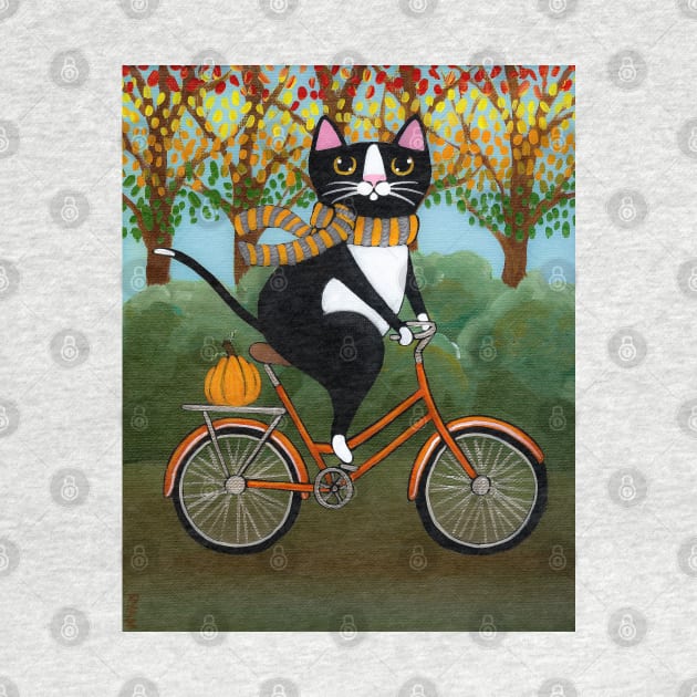 Tuxedo Cat Autumn Bicycle Ride by KilkennyCat Art